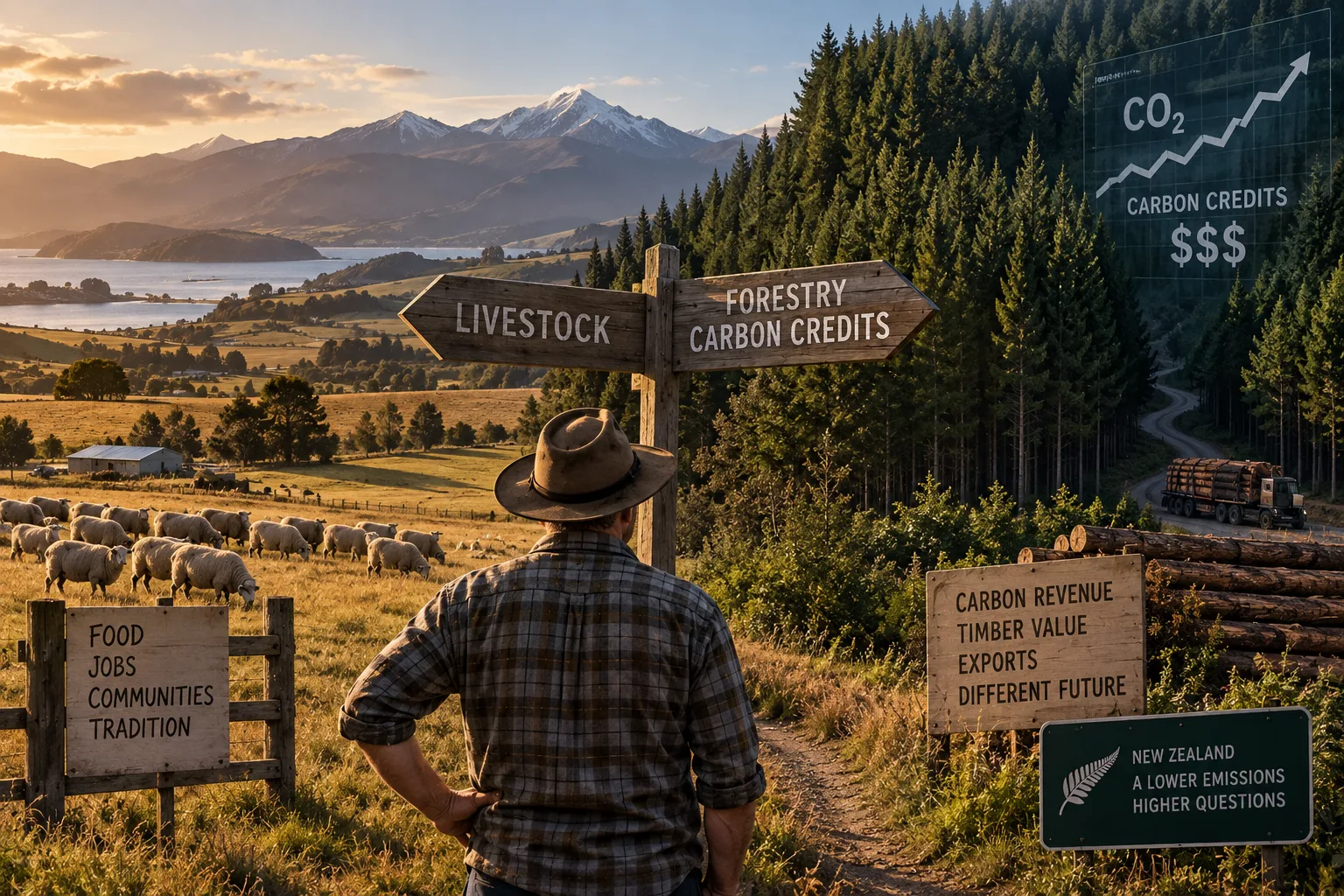 Livestock one way, forestry and carbon credits the other: once carbon has a price, it competes with everything else the land can produce. Conceptual illustration.