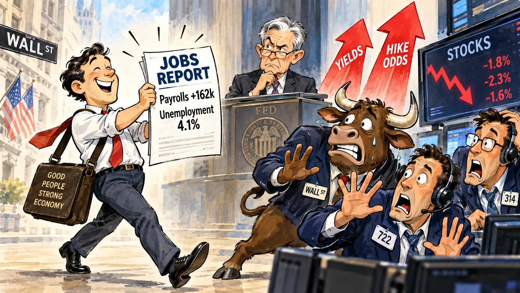 Treasury yields climbed on the same report that beat every payrolls forecast — good news, priced as bad.