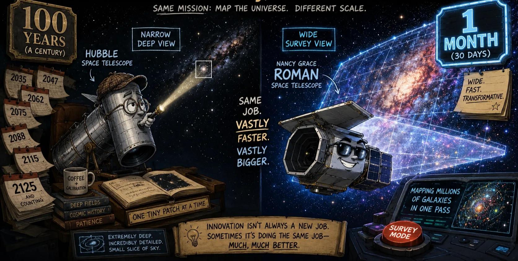 One month of Roman observations would take Hubble a century — scale as the disruption itself.