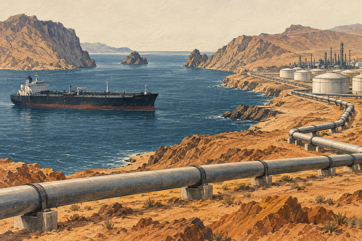 Pipelines, ports and refineries determine which barrels reach consumers. Conceptual illustration.