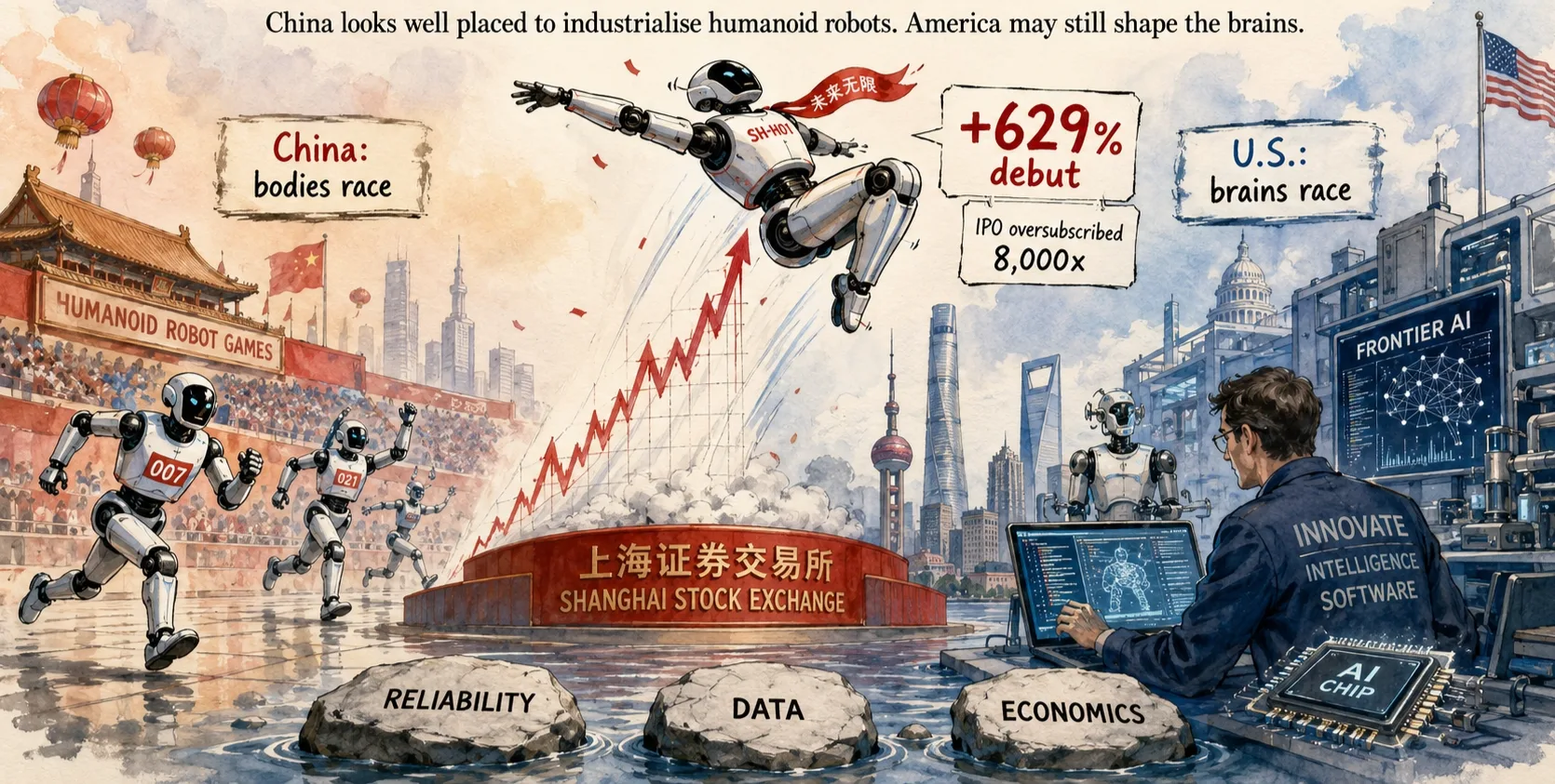 A robot takes flight from the trading floor — the valuation left gravity behind at the bell.