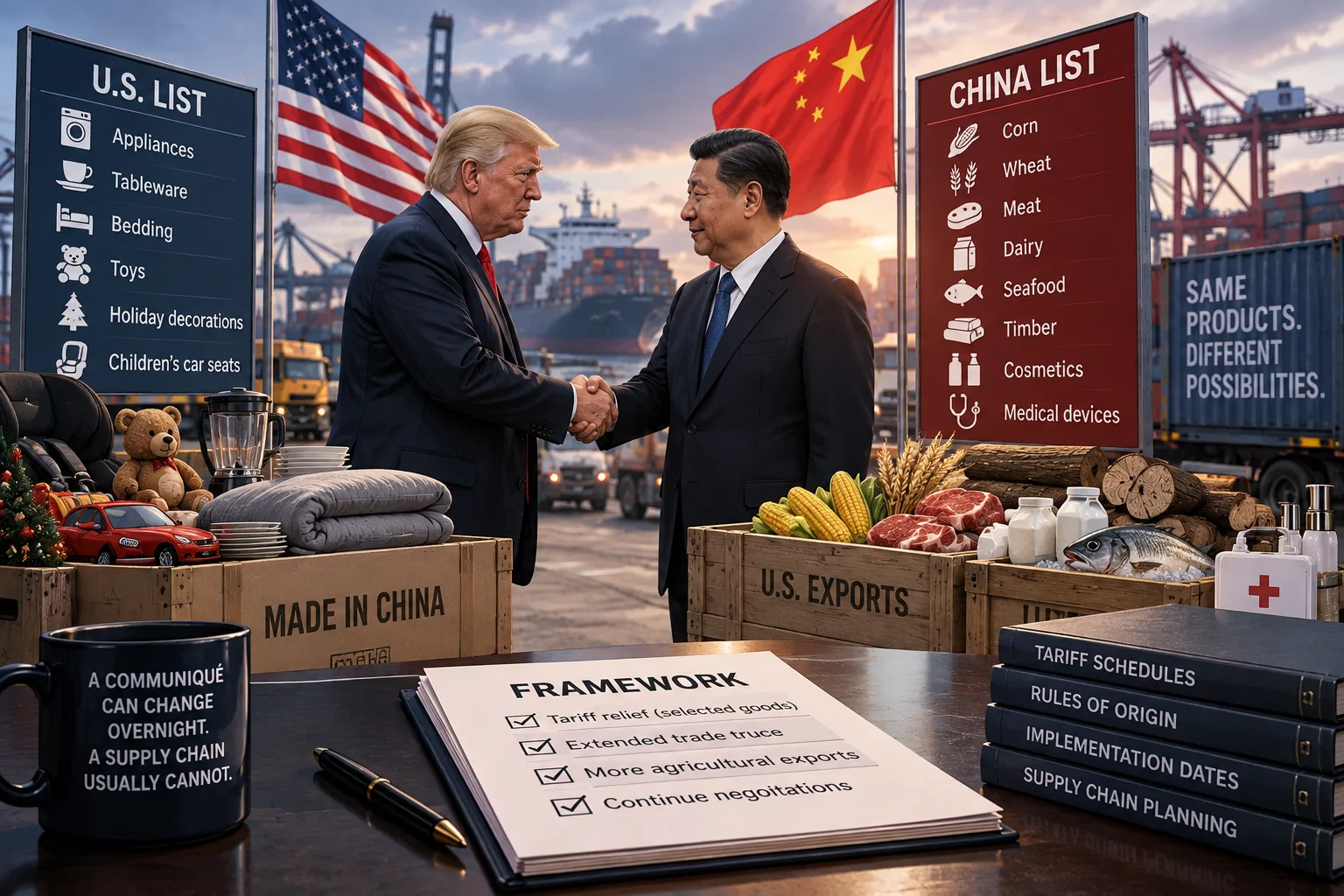 Same products, different possibilities: the summit framework still has to become tariff schedules, rules of origin and implementation dates. Conceptual illustration.
